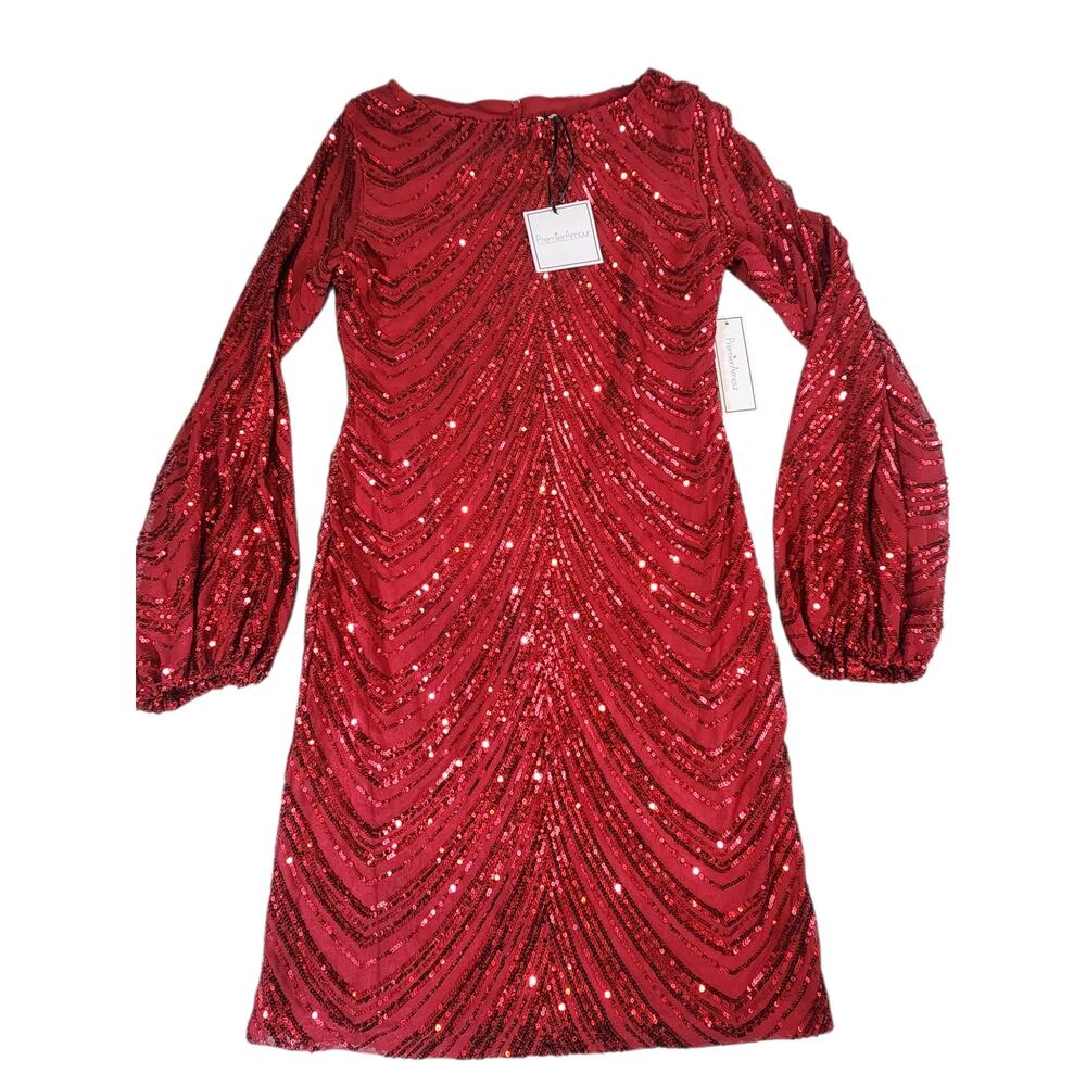 Premier Amour Red Sequin Bodycon Mini Dress Balloon Sleeve‎ Size 6 NWT
